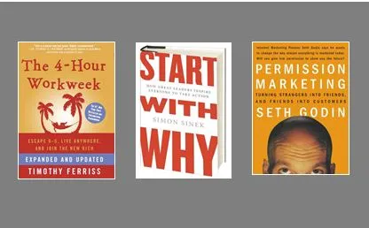 De covers van The 4-Hour Workweek, Start with Why en Permission Marketing naast elkaar